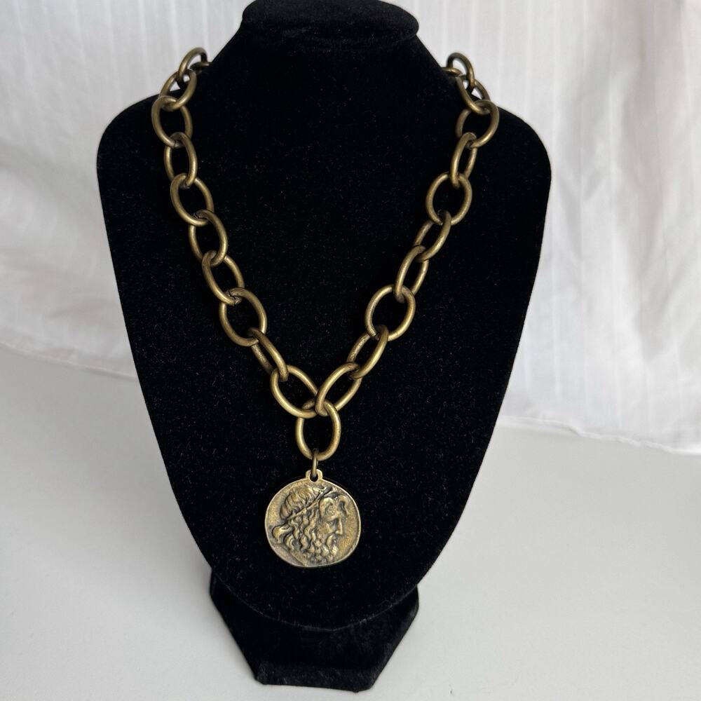 French Kande Brassy Metal Chain Good‎ Luck French JEUMONT Gods Coin Pendant 16"